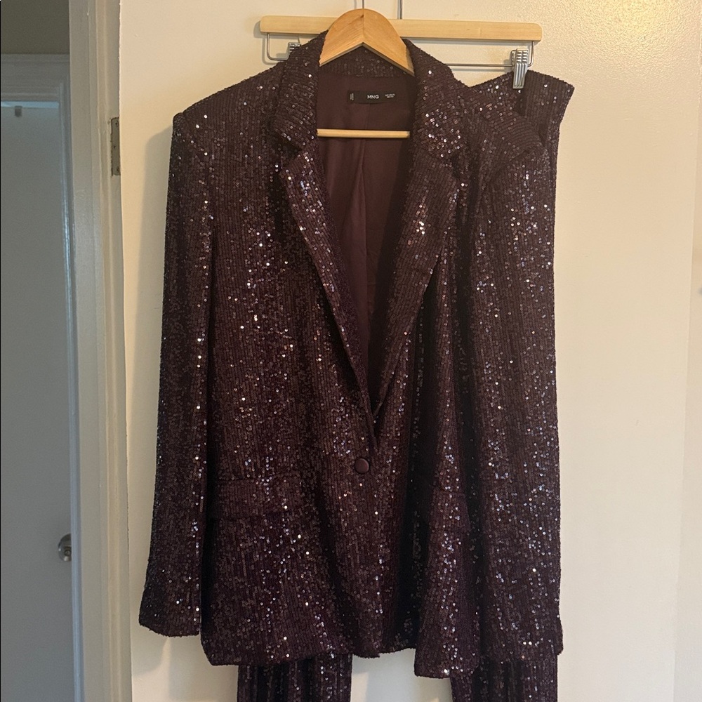 Mango Deep Purple Sequin Blazer and Pants Set - Picture 2 of 16